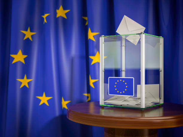 urna wyborcza z flagą unii europejskiej ue. ilustracja 3d - european parliament government flag europe zdjęcia i obrazy z banku zdjęć