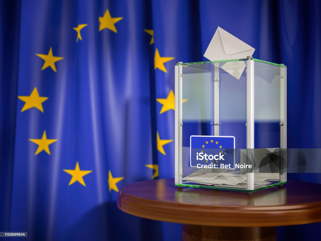 Caixa de cédula com bandeira da UE da União Européia. ilustração 3D - Foto de stock de Eleição royalty-free