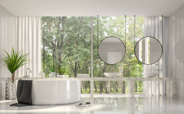 istock Modern luxury white bathroom with nature view 3d render 1133063709