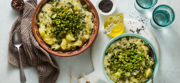 banner of vegan pizzoccheri  dish. an adapted recipe from italian cuisine. healthy gluten free nutrition - valtellina savoy cabbage pizzoccheri tagliatelle imagens e fotografias de stock