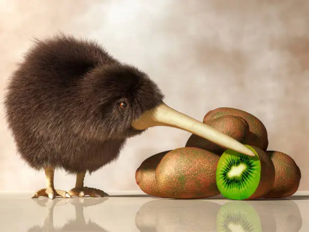 A Kiwi bird stands next to a pile of kiwifruit.  Both the animal and the fruit are natives of New Zealand. 3D illustration