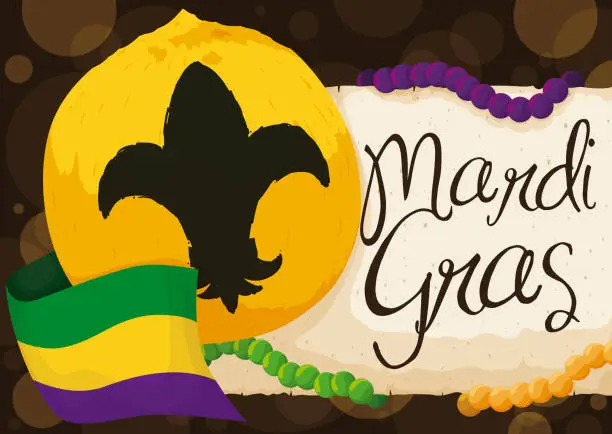 Vector illustration of Golden Coconut with Scroll, Flag and Necklaces for Mardi Gras