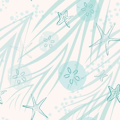 Ocean floor seamless beach pattern with sea stars, sand dollars and grasses. Beautiful subtle repeating design, perfect for backgrounds of wedding invitations, resort and spa cards and textiles.