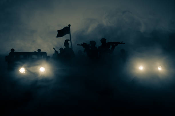 war concept. military silhouettes fighting scene on war fog sky background, fighting silhouettes below cloudy skyline at night. battle scene. army vehicle with soldiers. army - car individuality military 4x4 imagens e fotografias de stock