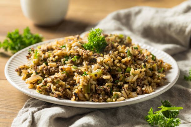 Cooked Cajun Dirty Rice Cooked Cajun Dirty Rice with Ground Pork cajun food stock pictures, royalty-free photos & images
