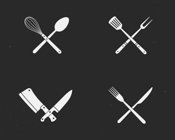 ilustrações de stock, clip art, desenhos animados e ícones de restaurant and butchery knives, barbecue grill tools icons. set of restaurant knives isolated on a black background. vector illustration - chef commercial kitchen cooking silhouette