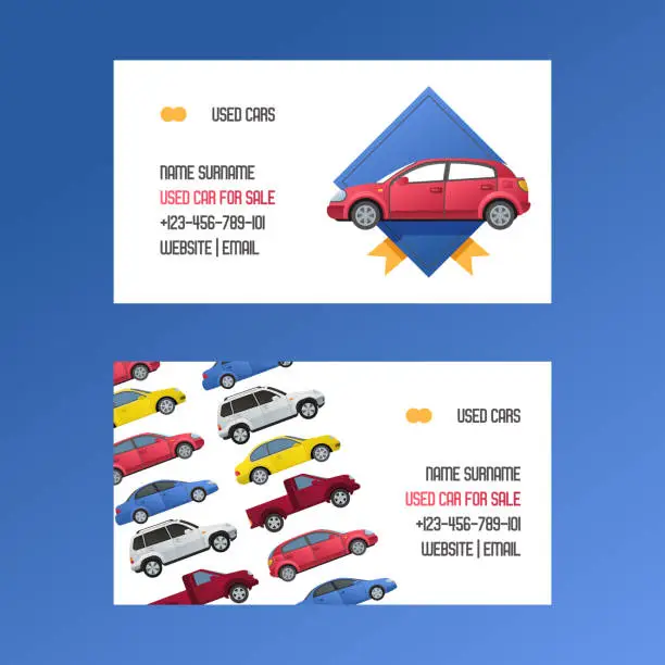 Vector illustration of Car vector business card rental van auto vehicle minivan and automobile citycar on dealership business-card to rent background illustration commercial retail backdrop