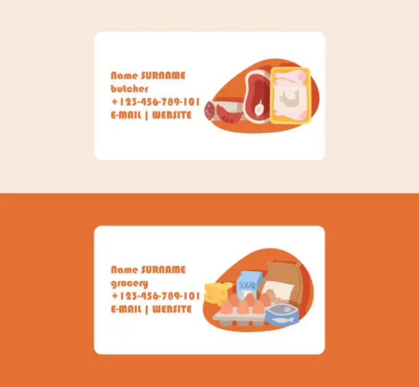 Vector illustration of Food vector supermarket business card with meal fish sausages meat illustration backdrop set of business-cards eggs sugar flour and milk cheese dairy products background