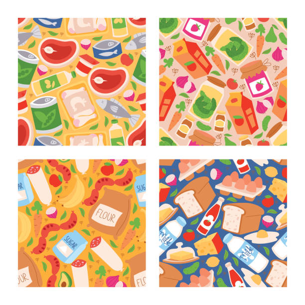 istock Food vector seamless pattern meal vegetables fruits and fish sausages from supermarket or grocery illustration backdrop set of pastry and milk or seafood products background 1133077804