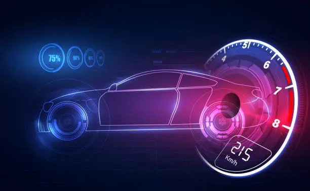 Vector illustration of Hologram in HUD UI style. Futuristic car service, scanning and auto data analysis,Virtual Graphical Interface . Vector  illusatration