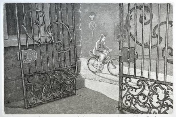 Lifestyle," A Cemetery Gate, Bavaria, Germany " Lifestyle...This 6 inch by 9 inch black and white etching, shows a woman pedaling past a small town cemetery, in Bavaria, Germany. aquatint stock illustrations