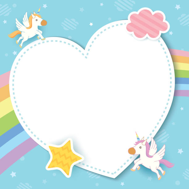 unicorn-blue-heart Illustration vector of cute unicorn decorated with rainbow and blue sky background design with heart frame book heart shape valentines day copy space stock illustrations