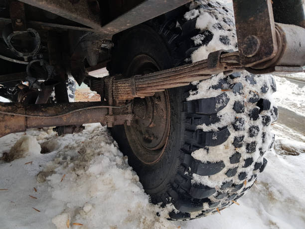 istock rear car wheel and snow tread 1133091708