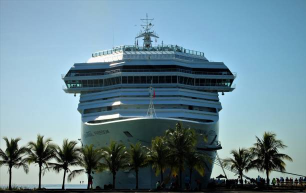 Limon, Costa Rica – The Cruise Ship Carnival Freedom is Moored at the Dock Limon, Costa Rica 29 January 2019:  Carnival “Freedom” sailing out of Galveston, Texas on a 14-day Journey cruise to the Panama Canal.
Carnival Freedom is a Conquest-class cruise ship operated by Carnival Cruise Line, and the final Conquest-class vessel to enter service. Built by Fincantieri at its Marghera shipyard in Venice, Italy, she was floated out on April 28, 2006, delivered to Carnival on February 28, 2007.
She is 952 ft (290.2 m) long, 116 ft (35.4 m) wide, has a cruising speed of 22.5 knots, and is 110,000 gross tons.  The ship holds 2,980 guests and 1150 crew. puerto limon stock pictures, royalty-free photos & images