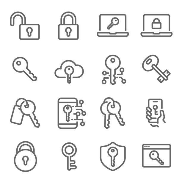 키 액세스 벡터 선 아이콘 세트입니다. 디지털 키, 클라우드, 개인 키, 모바일 등의 아이콘이 포함 되어 있습니다. 확장 된 스트로크 - key stock illustrations