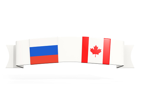 Banner with two square flags of Russia and canada isolated on white. 3D illustration