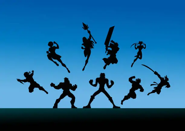 Vector illustration of Vector Anime Characters Team Silhouette