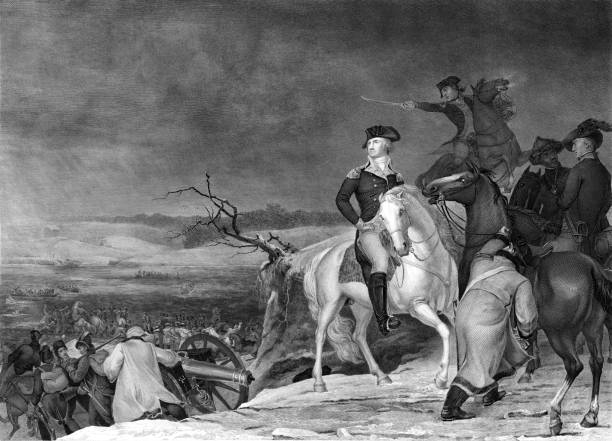 George Washington at the Delaware River, 1776 George Washington on horseback looking back at troops crossing the Delaware River on the evening previous to the Battle of Trenton, December 25th, 1776. engraved image photos stock pictures, royalty-free photos & images