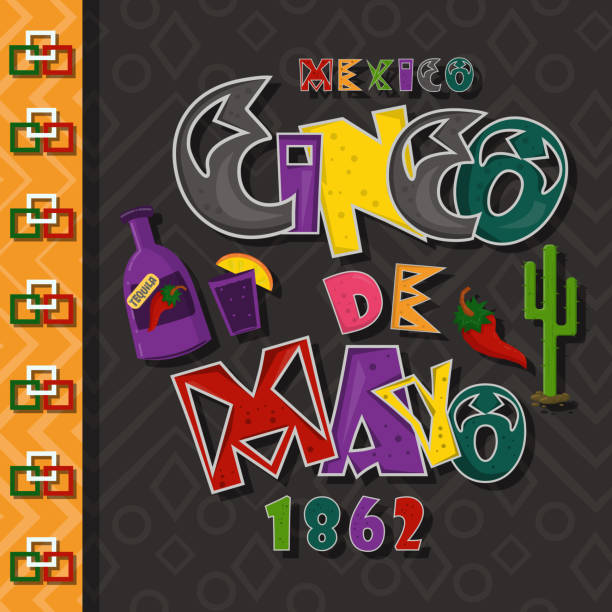 макет плакатной for_2_the дизайном наклеек, листовок, чехлов, цветной текст надписи каллиграфии на тему синко де майо в стиле плоской - invitation national holiday design black stock illustrations