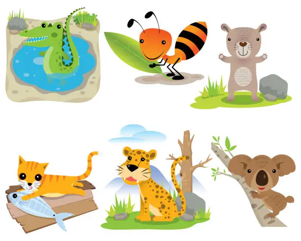Vector illustration of Vector animal set, crocodile, ant, bear, cat, leopard, koala,