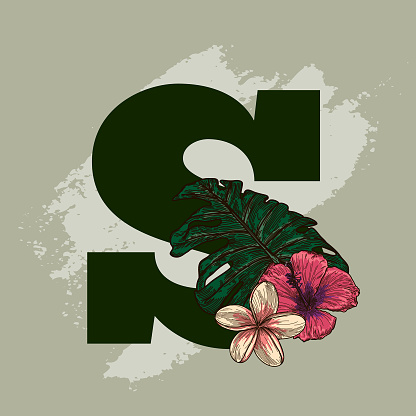 A tropical drop cap letter for your designs featuring palms, flowers and tropical leaves in a detailed line art style.