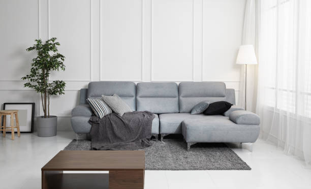 Scandinavian style livingroom with fabric sofa, sofa table. morning image with plant. sofa table on the lug.