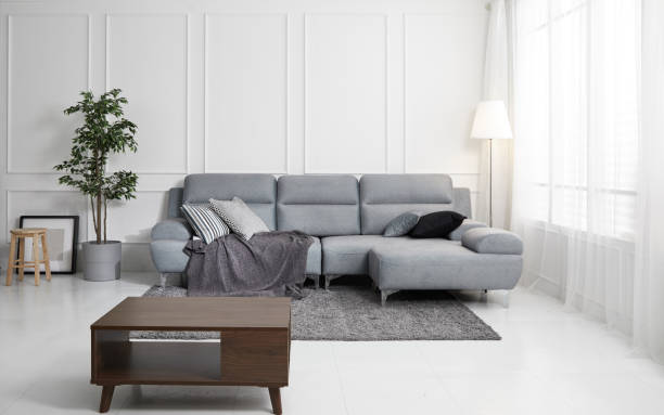 istock Scandinavian style livingroom with fabric sofa, sofa table. morning image with plant. sofa table on the lug. 1133112758