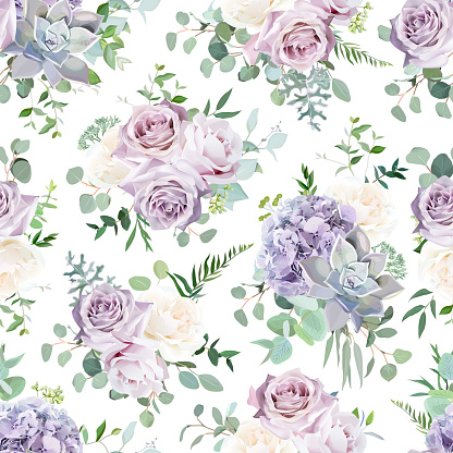 Seamless vector design pattern arranged from dusty violet lavender,creamy and mauve antique rose,hydrangea, purple pale flowers, succulent,eucalyptus, greenery. Watercolor style floral print. Editable