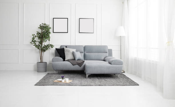 istock Scandinavian style livingroom with fabric sofa, sofa table. morning image with plant. sofa table on the lug. 1133113478