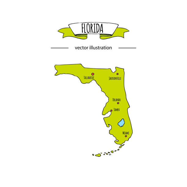 ilustrações de stock, clip art, desenhos animados e ícones de hand drawn doodle florida map icon vector illustration isolated on white background islands outer borders symbol cartoon ribbon band element icon. usa state, miami,orlando, tampa, gulf of mexico coast - florida cartography map florida keys