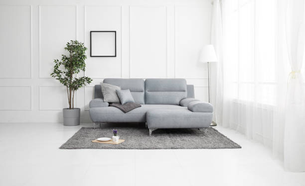istock Scandinavian style livingroom with fabric sofa, sofa table. morning image with plant. sofa table on the lug. 1133113495