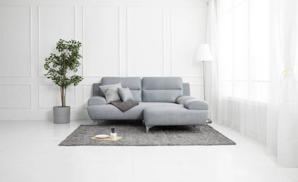 istock Scandinavian style livingroom with fabric sofa, sofa table. morning image with plant. sofa table on the lug. 1133113499
