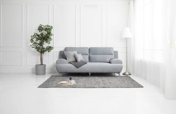 istock Scandinavian style livingroom with fabric sofa, sofa table. morning image with plant. sofa table on the lug. 1133113514