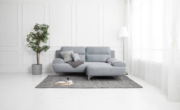 istock Scandinavian style livingroom with fabric sofa, sofa table. morning image with plant. sofa table on the lug. 1133113520