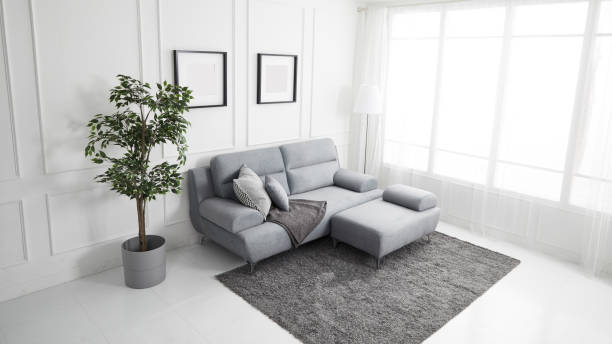 istock Scandinavian style livingroom with fabric sofa, sofa table. morning image with plant. sofa table on the lug. 1133113525