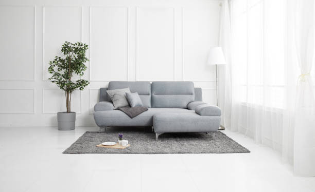istock Scandinavian style livingroom with fabric sofa, sofa table. morning image with plant. sofa table on the lug. 1133113529