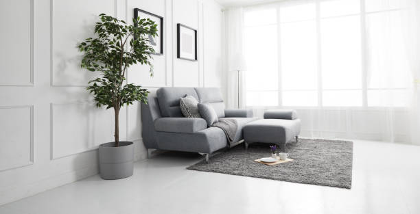 istock Scandinavian style livingroom with fabric sofa, sofa table. morning image with plant. sofa table on the lug. 1133113530