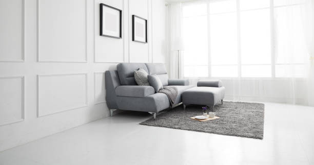 istock Scandinavian style livingroom with fabric sofa, sofa table. morning image with plant. sofa table on the lug. 1133113540