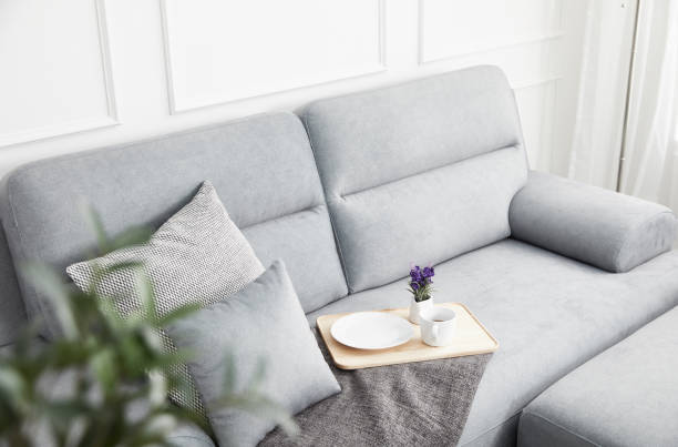 istock Scandinavian style livingroom with fabric sofa, sofa table. morning image with plant. sofa table on the lug. 1133113550