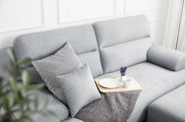 istock Scandinavian style livingroom with fabric sofa, sofa table. morning image with plant. sofa table on the lug. 1133113562