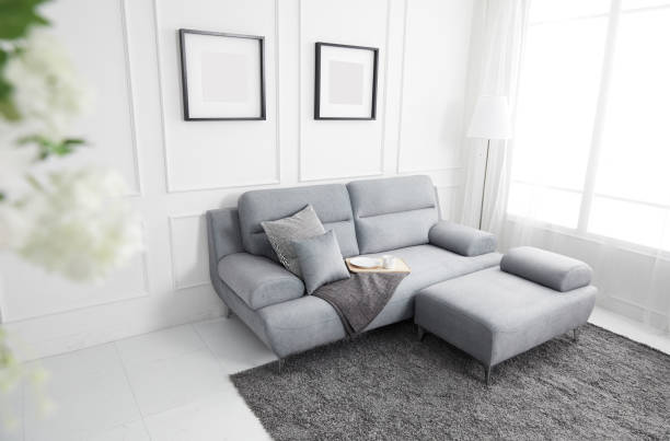 istock Scandinavian style livingroom with fabric sofa, sofa table. morning image with plant. sofa table on the lug. 1133113583