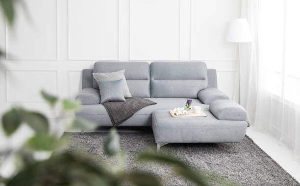 istock Scandinavian style livingroom with fabric sofa, sofa table. morning image with plant. sofa table on the lug. 1133113597