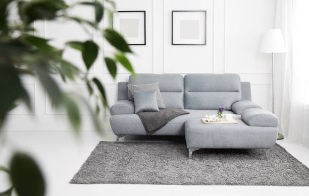 istock Scandinavian style livingroom with fabric sofa, sofa table. morning image with plant. sofa table on the lug. 1133113598