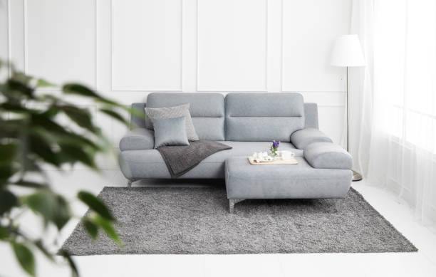 istock Scandinavian style livingroom with fabric sofa, sofa table. morning image with plant. sofa table on the lug. 1133113599