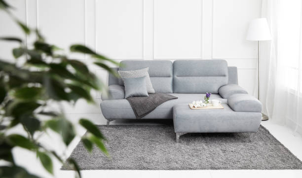 istock Scandinavian style livingroom with fabric sofa, sofa table. morning image with plant. sofa table on the lug. 1133113600