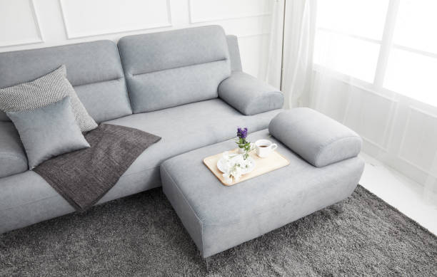 istock Scandinavian style livingroom with fabric sofa, sofa table. morning image with plant. sofa table on the lug. 1133113634