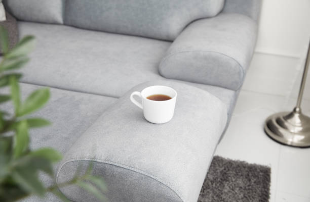istock Scandinavian style livingroom with fabric sofa, sofa table. morning image with plant. sofa table on the lug. 1133113642