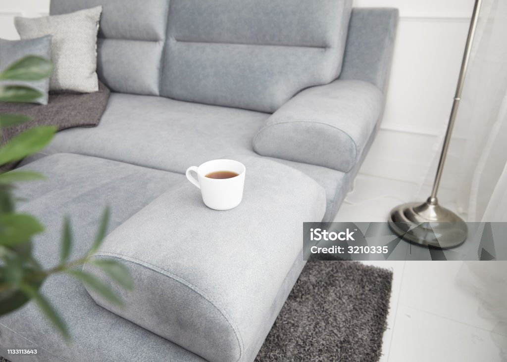 Scandinavian style livingroom with fabric sofa, sofa table. morning image with plant. sofa table on the lug. Advertisement Stock Photo