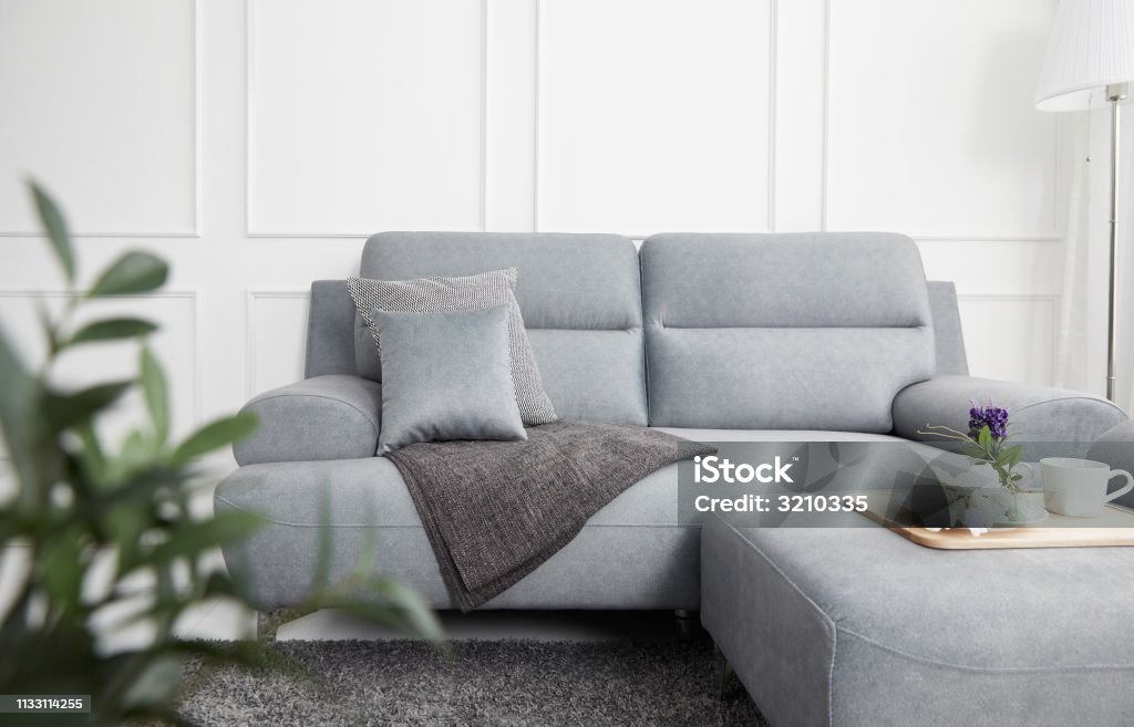 Scandinavian style livingroom with fabric sofa, sofa table. morning image with plant. sofa table on the lug. Furniture Store Stock Photo