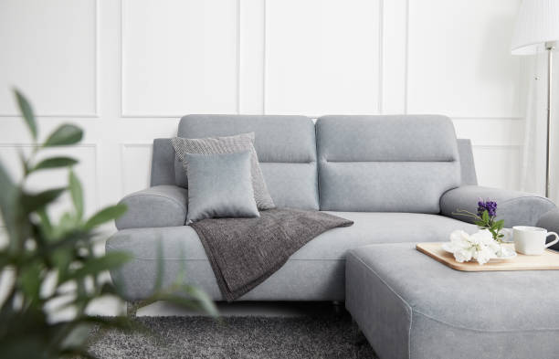 Scandinavian style livingroom with fabric sofa, sofa table. morning image with plant. sofa table on the lug. Scandinavian style livingroom with fabric sofa, sofa table. morning image with plant. sofa table on the lug. desk lamp photos stock pictures, royalty-free photos & images